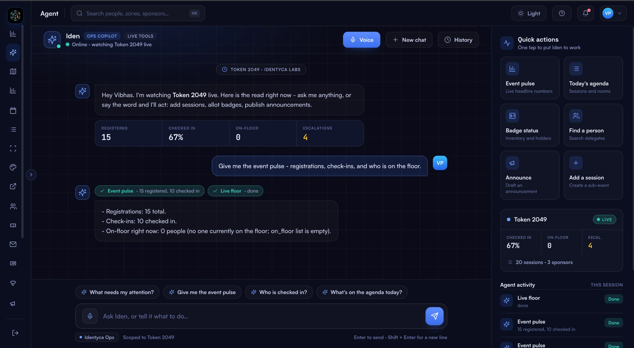 Iden AI operations copilot showing event status and live tools with sample data