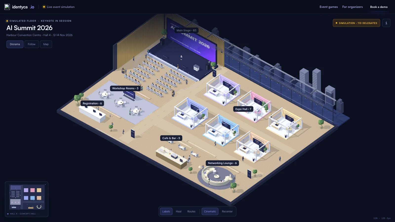 Isometric 3D view of a simulated conference hall with delegates walking between the keynote stage, expo booths and the lounge